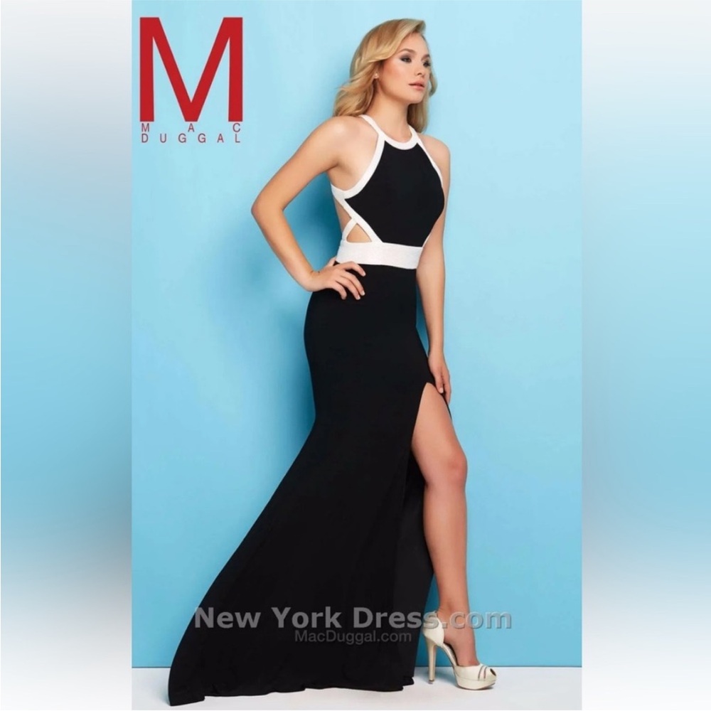 MAC DUGGAL 40518L Black White Beaded Fiona Cutout High Neck Slit Dress Gown 6